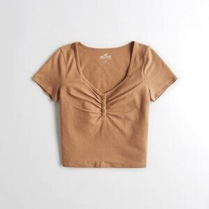 Hollister Cropped Ruched Button-Up Top Brown Orange - XS